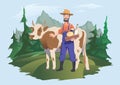 A cow and farmer in a meadow, Alpine landscape. Vector illustration for packaging of milk or dairy products.