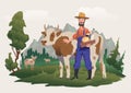 A cow and farmer in a meadow, Alpine landscape. Vector illustration for packaging of milk or dairy products.