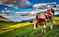 Cow in the field, eating grass and looking good, make with AI