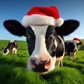 cow in the field wearing santa hat generative ai Royalty Free Stock Photo