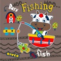 Cow is fishing on the river funny animal cartoon