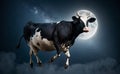 cow flies against the background of moon and stars in night sky. concept of children's dreams. Generative AI Royalty Free Stock Photo