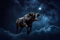 cow flies against the background of moon and stars in night sky. concept of children's dreams. Generative AI Royalty Free Stock Photo