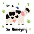 Cow and flies funny print. Card in childish style Royalty Free Stock Photo