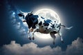 cow flying against the background of night sky with moon and stars. Concert of children's dreamy dreams. Generative Royalty Free Stock Photo