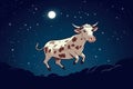 cow flying against the background of night sky with moon and stars. Concert of children's dreamy dreams. Generative Royalty Free Stock Photo