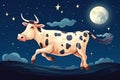 cow flying against the background of night sky with moon and stars. Concert of children's dreamy dreams. Generative Royalty Free Stock Photo