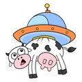 Cow flying into space carried by alien ufo, doodle icon image kawaii Royalty Free Stock Photo