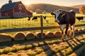 Cow Gazing Directly into the Camera Lens, Warm Sunset Casting Long Shadows Across the Textured Hay