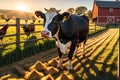 Cow Gazing Directly into the Camera Lens, Warm Sunset Casting Long Shadows Across the Textured Hay