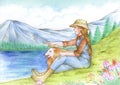 Cow Girl at the Lake Side Illustration Stock