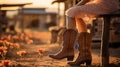A cow girl looking at her cowboy boots. Generative AI