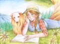 Cow Girl Reading Book Under the Tree Illustration Royalty Free Stock Photo