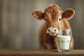 Cow with a glass of milk, animal welfare in industry, dairy product, agriculture and production