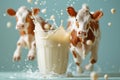 Cow with a glass of milk, animal welfare in industry, dairy product, agriculture and production