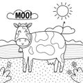 The cow goes moo black and white print. Coloring page with cute farm character