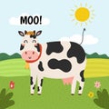 The cow goes moo print. Cute farm character on a green pasture