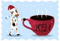 The cow goes to a cup of coffee. New Year vector illustration. New Year\'s hat.