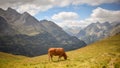 Cow grassing in pyrenees valley Royalty Free Stock Photo
