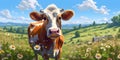 Cow grazes on a green meadow illustration. Generated AI. Royalty Free Stock Photo