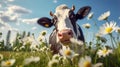 A cow grazes in a meadow with daisies. Generative AI. Royalty Free Stock Photo