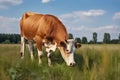 Cow grazes in a meadow and eats grass, animal and pet, illustration. Generative AI