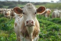 Cow grazing on field, eating green grass on pasture Royalty Free Stock Photo