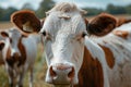 Cow grazing on field, eating green grass on pasture Royalty Free Stock Photo