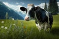 Cow grazing on a green summer meadow. Cow graze on field. Cow farm. Generative AI. Royalty Free Stock Photo