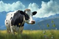 Cow grazing on a green summer meadow. Cow graze on field. Cow farm. Generative AI. Royalty Free Stock Photo