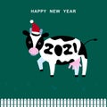 Cow. 2021. Happy New year. 2021 black and white cow. Chinese new year symbol. Calendar. Farm design. Green grass background. 2021