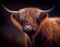 Fiery Brown Cow: A Fluffy and Full-Haired Beauty with Long Horns and Bangs