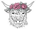 Cow head with flower wreath. Highland heifer face