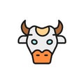 Cow head, sacred animal of India flat color line icon.