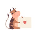 Cow Holding Banner with Red Heart, Cute Cartoon Calf Animal with Sitting with Sign Board Vector Illustration Royalty Free Stock Photo