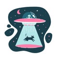 The cow is kidnapped by a UFO. Funny drawing, childish, funny. Drawing by hand. Isolated alien print. Flat vector illustration Royalty Free Stock Photo