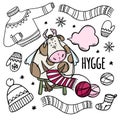 COW KNITS WARM WINTER THINGS Cartoon Vector Illustration Set