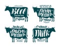 Cow, label set. Milk, beef, dairy products, meat, farm icon or logo. Lettering, calligraphy vector illustration Royalty Free Stock Photo