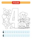 Four. Learning number 4. Coloring printable worksheet for kindergarten and preschool. Dog.