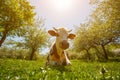 The cow lies on a green meadow in an apple garden, sunny day. Close-up Royalty Free Stock Photo