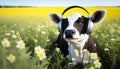 A cow listens to music with headphones in a field of flowers, ai generative illustration