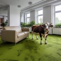 A cow in the living room, an unusual interior of a large bright room, a carpet in the form of green grass and a cow on it.