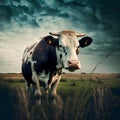A cow located within an open grassy area. AI