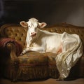 A cow lying on a couch