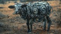 A cow made of metal and wires standing in a field, AI Royalty Free Stock Photo