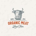 Cow Meat Farm Retro Badge Logo Template. Hand Drawn Cattle Face Sketch with Retro Typography. Vintage Beef Steaks Sketch