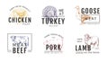 Cow meat logo. Pig animal, farm pork or chicken colorful sketch style, sheep beef or poultry for butchery emblem, cattle Royalty Free Stock Photo