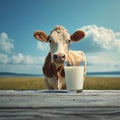 Cow and milk against a blue sky, pastoral scene