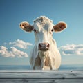 Cow and milk against a blue sky, pastoral scene