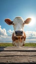 Cow and milk against a blue sky, pastoral scene